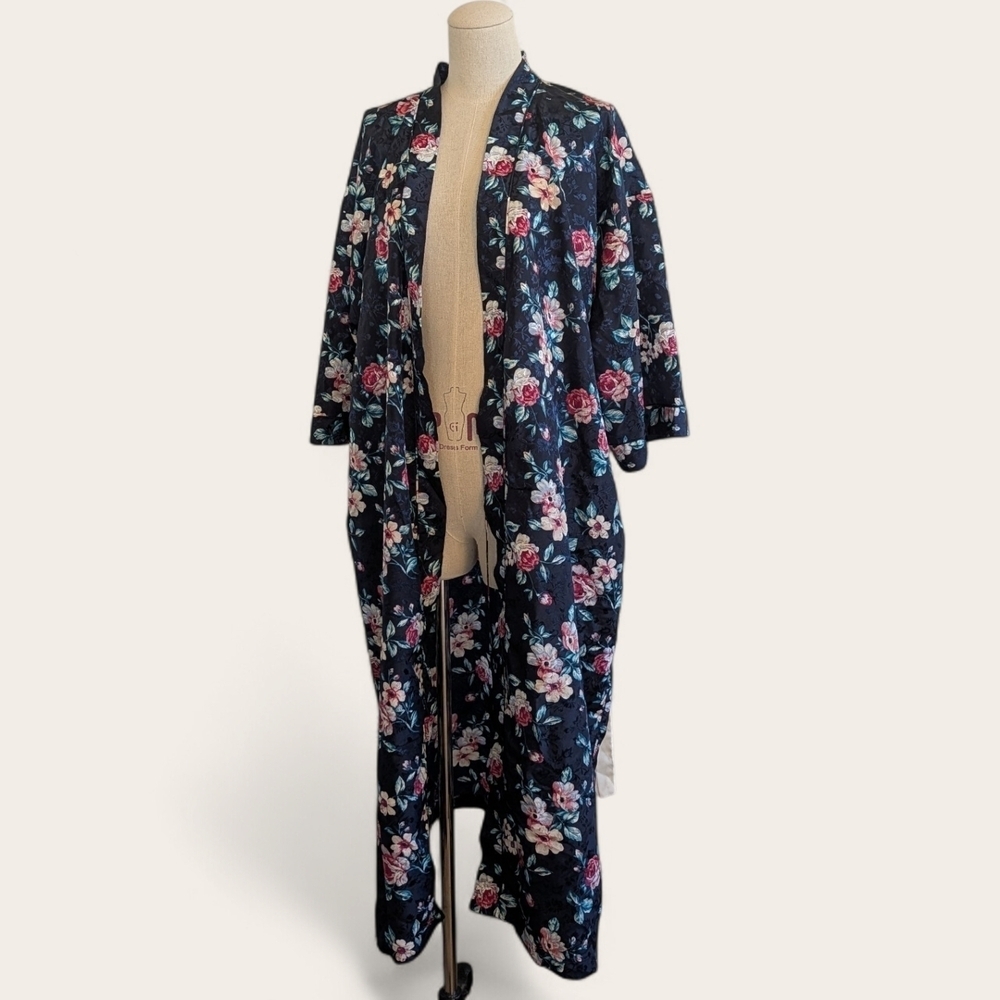 Vintage Erika Taylor Floral Satin Kimono Robe Duster Cottagecore Lounge Boho M